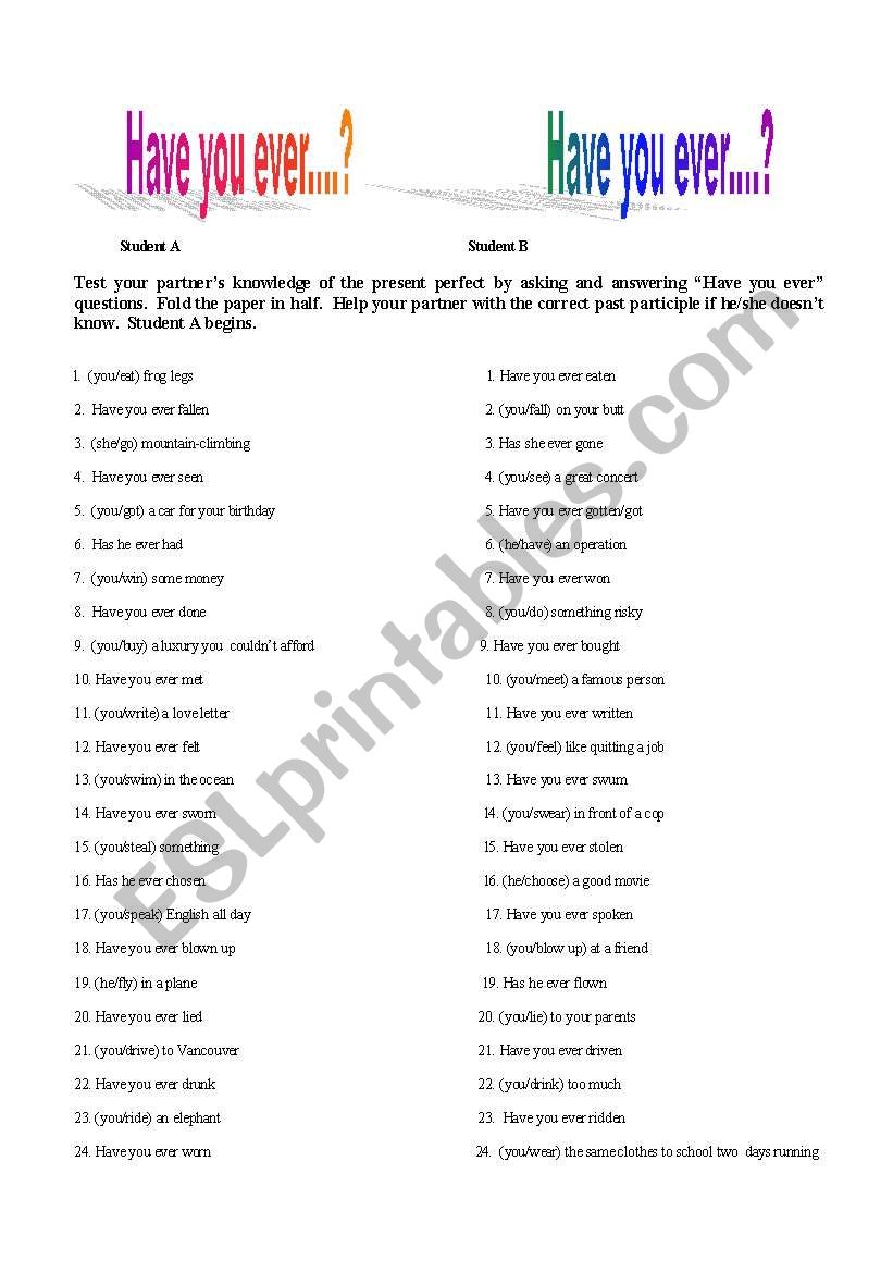 Present Perfect Pair Exercise worksheet