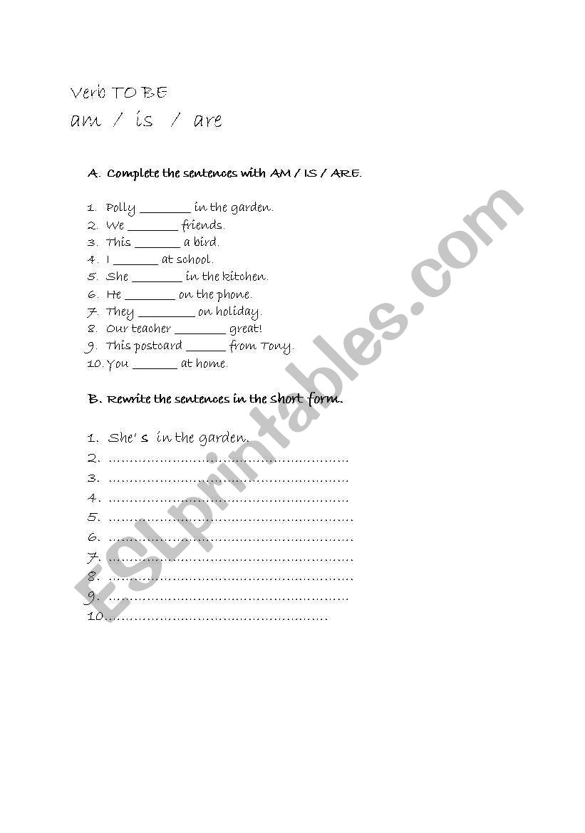 verb to be affirmative worksheet