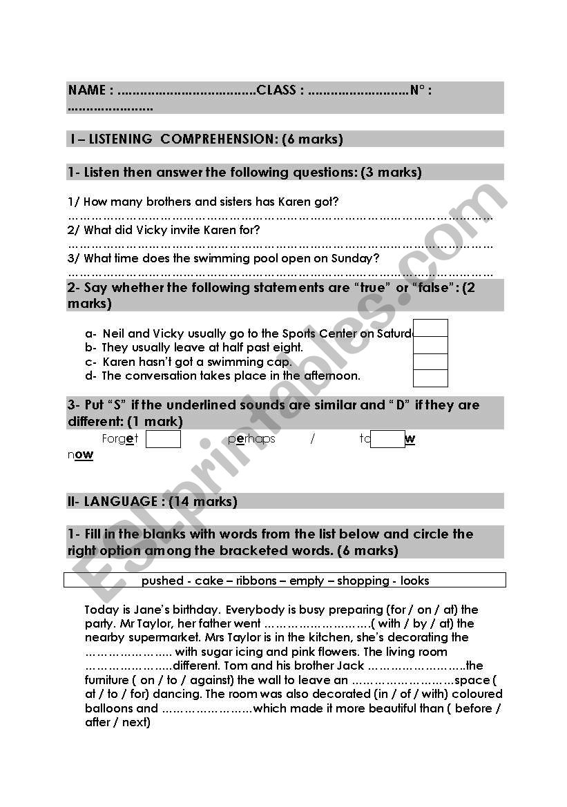 mid term test n°2 8th form - ESL worksheet by sa3ida