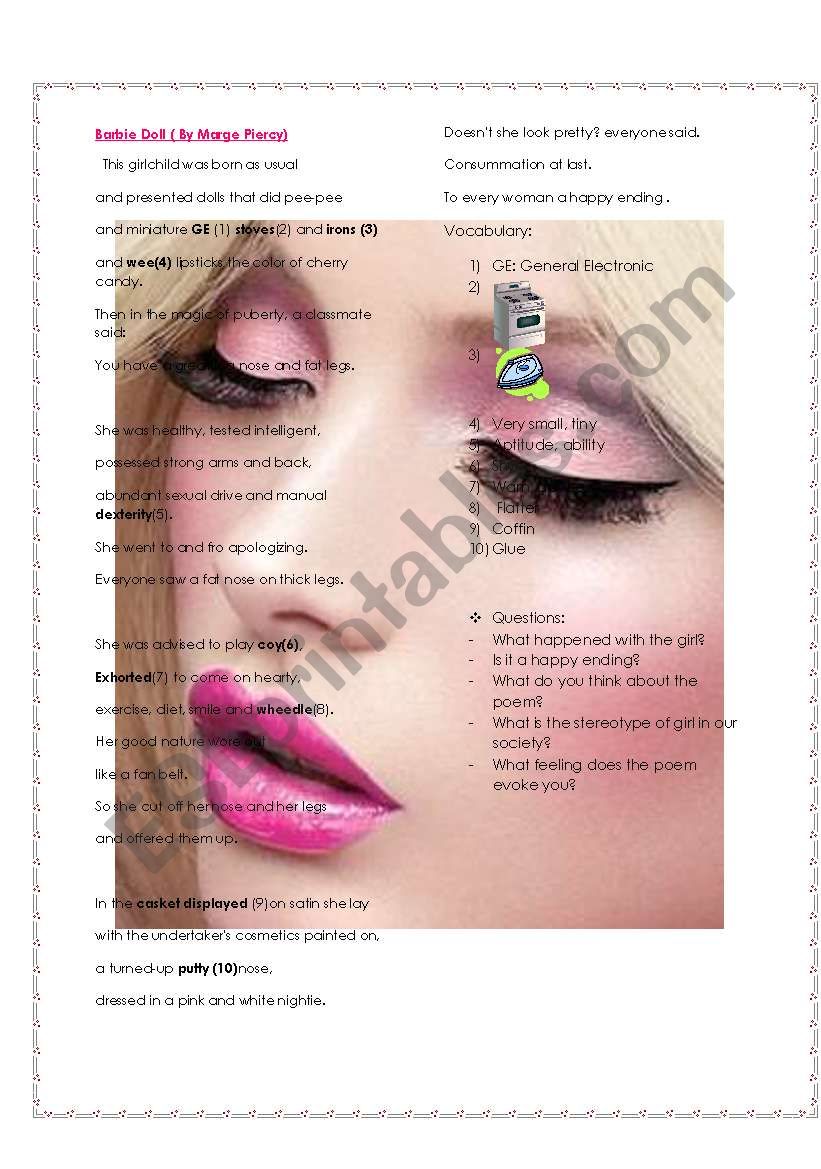 Barbie Doll - poem worksheet