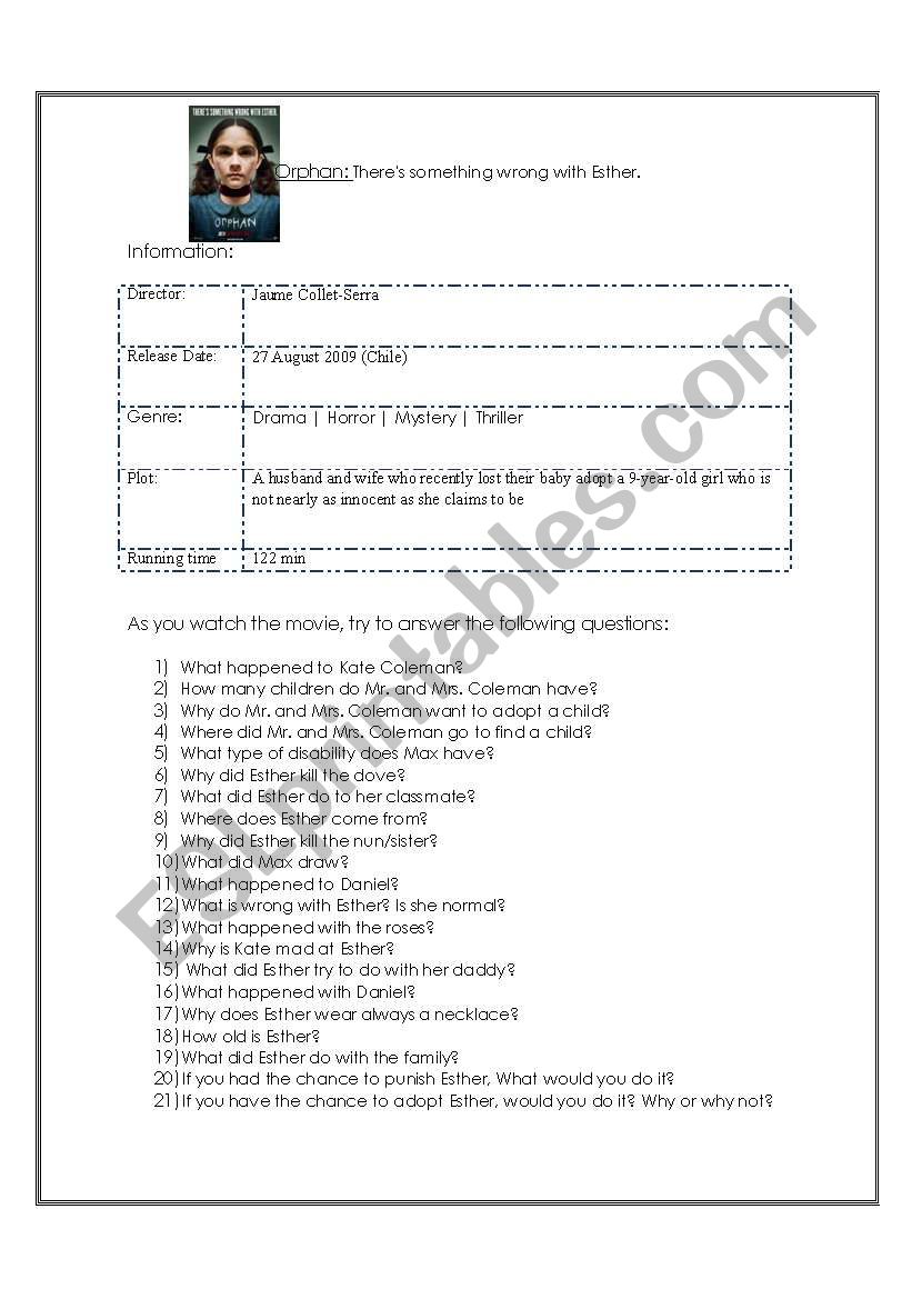 The Orphan - Movie worksheet