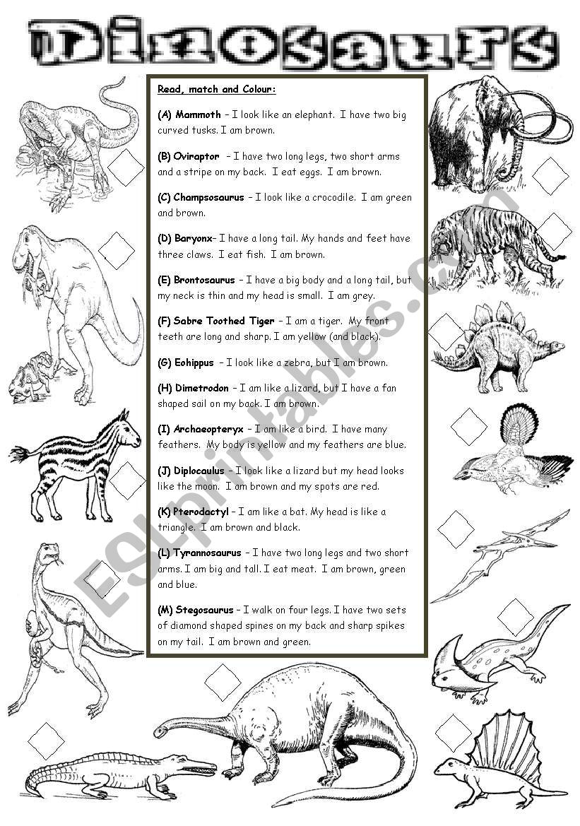 Dinosaurs - Match and Colour worksheet