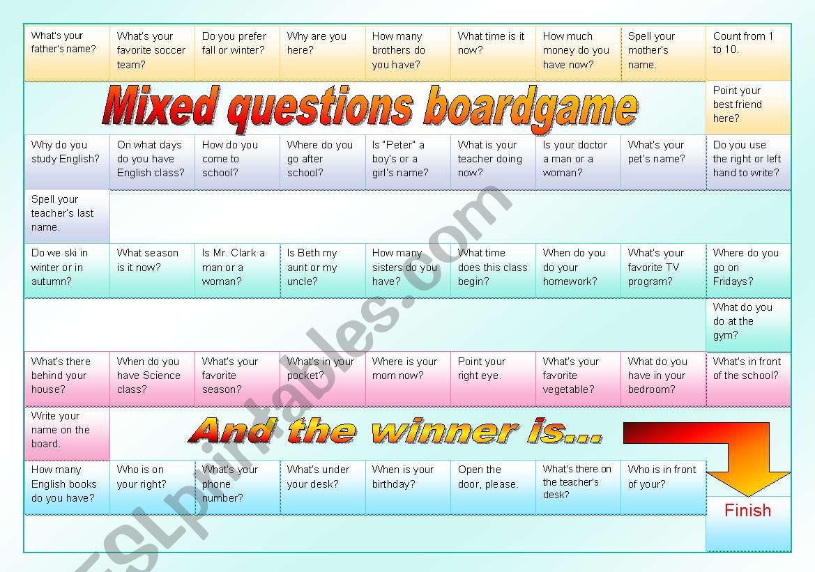 Mixed questions boardgame - elementary (fully editable)