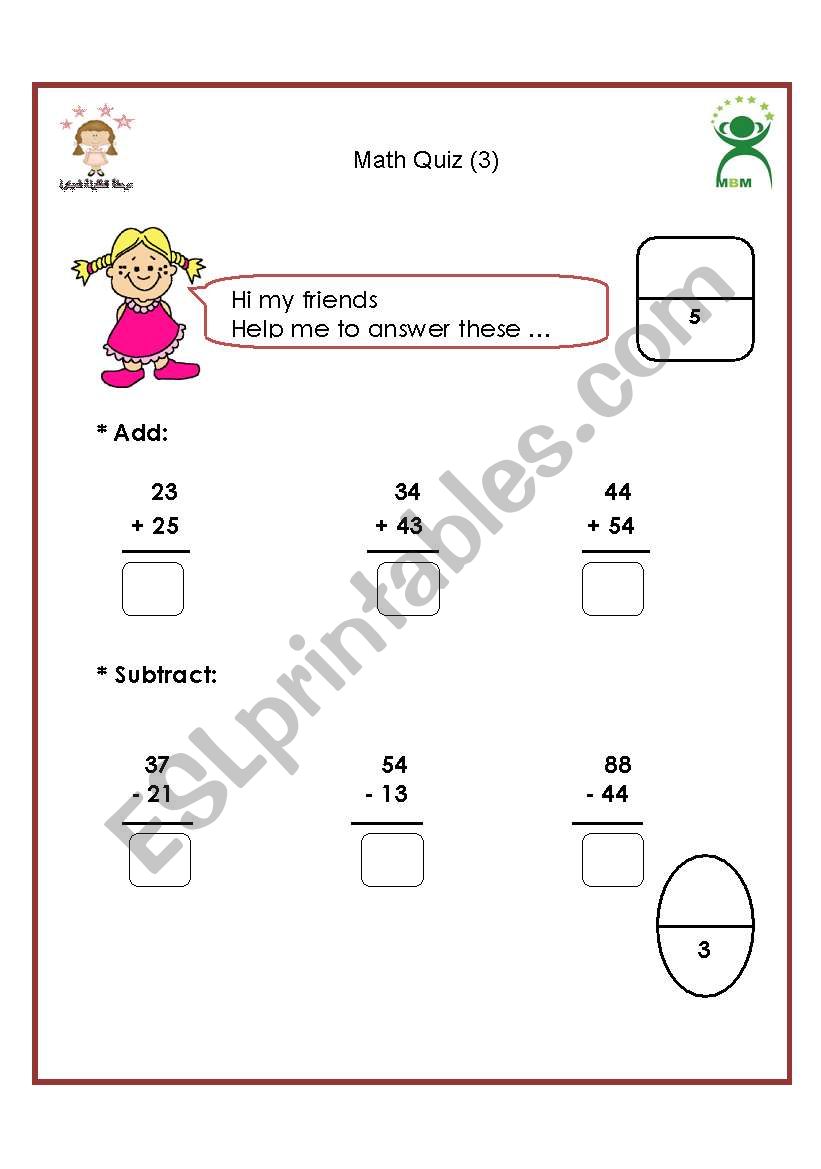 Addition and Subtraction Quiz worksheet