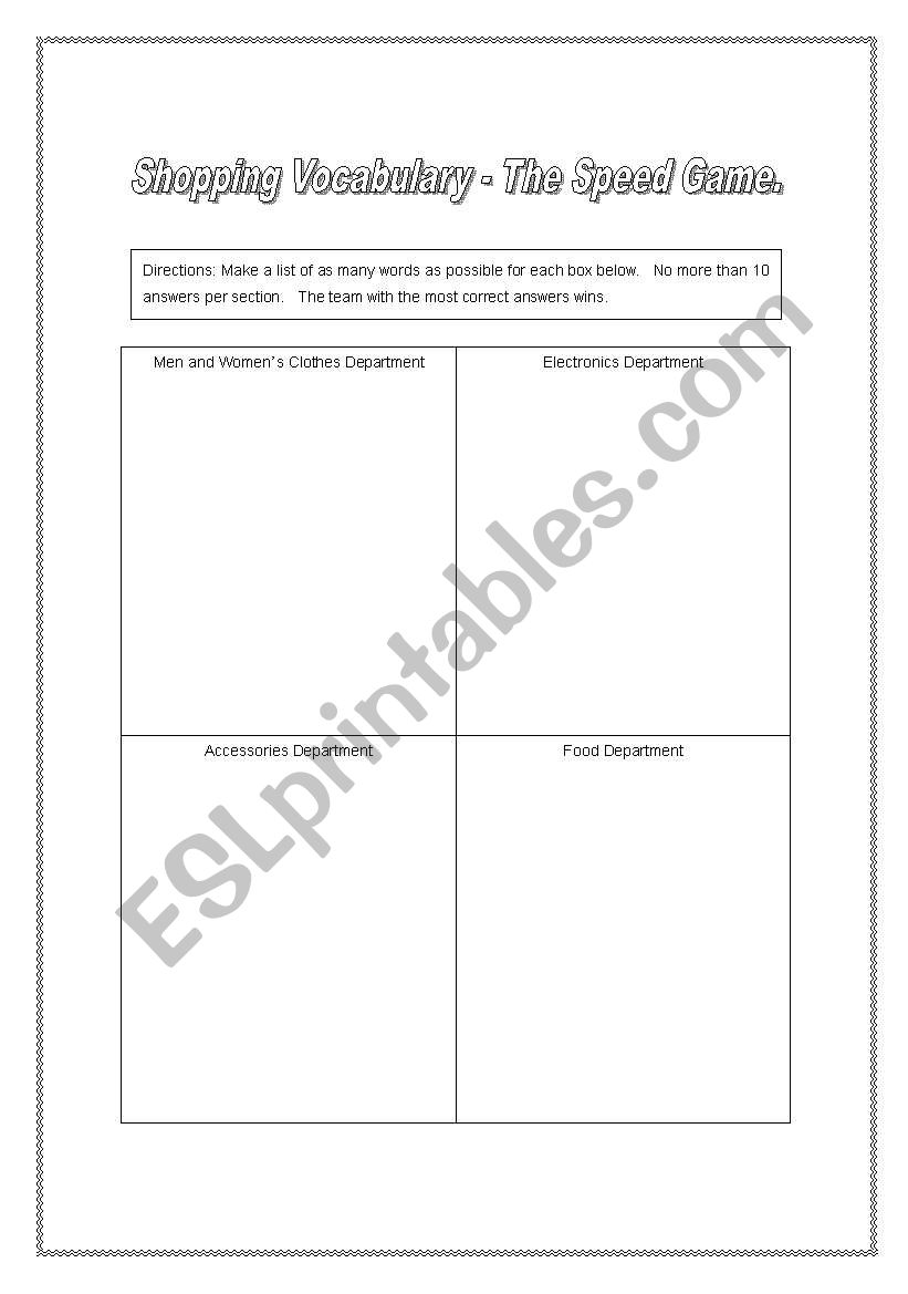 shopping brainstorm worksheet