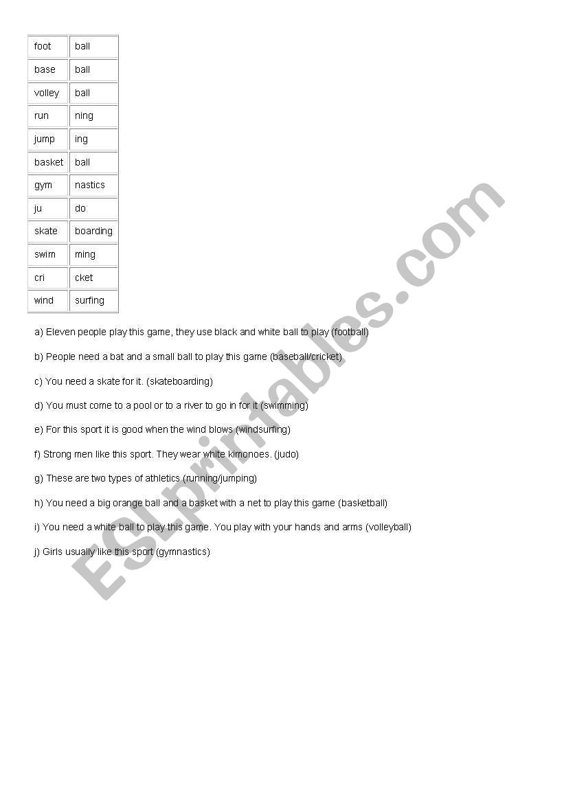 sport worksheet