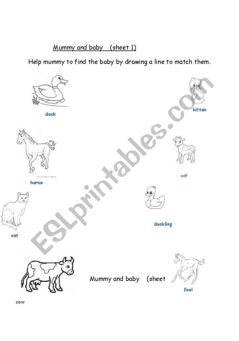 Mummy and baby animals worksheet