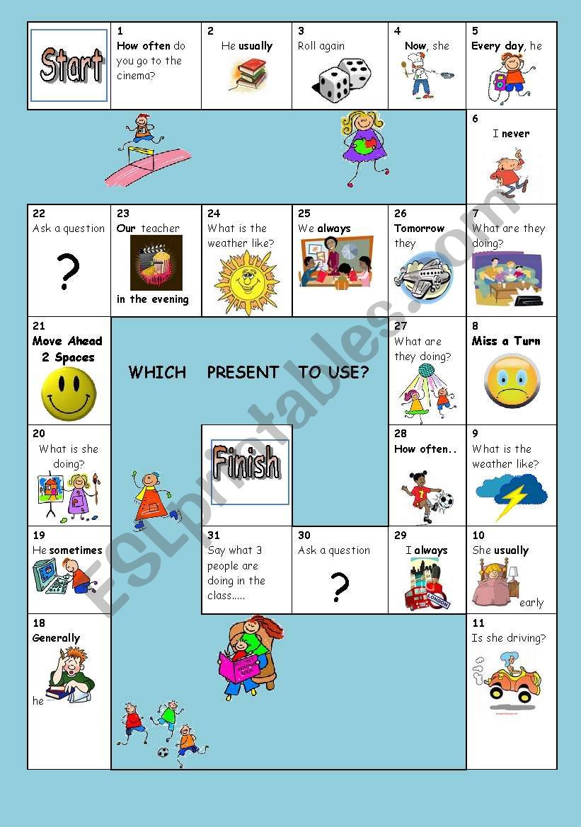WHICH PRESENT TENSE Boardgame - ESL worksheet by Sophie A