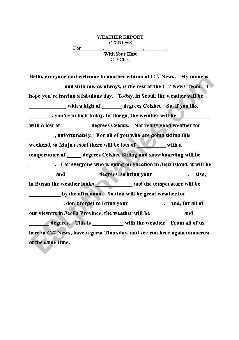 Weather Report Cloze worksheet