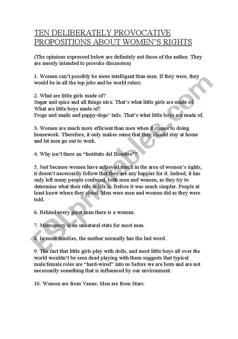 TEN DELIBERATELY PROVOCATIVE PROPOSITIONS ON WOMENS RIGHTS