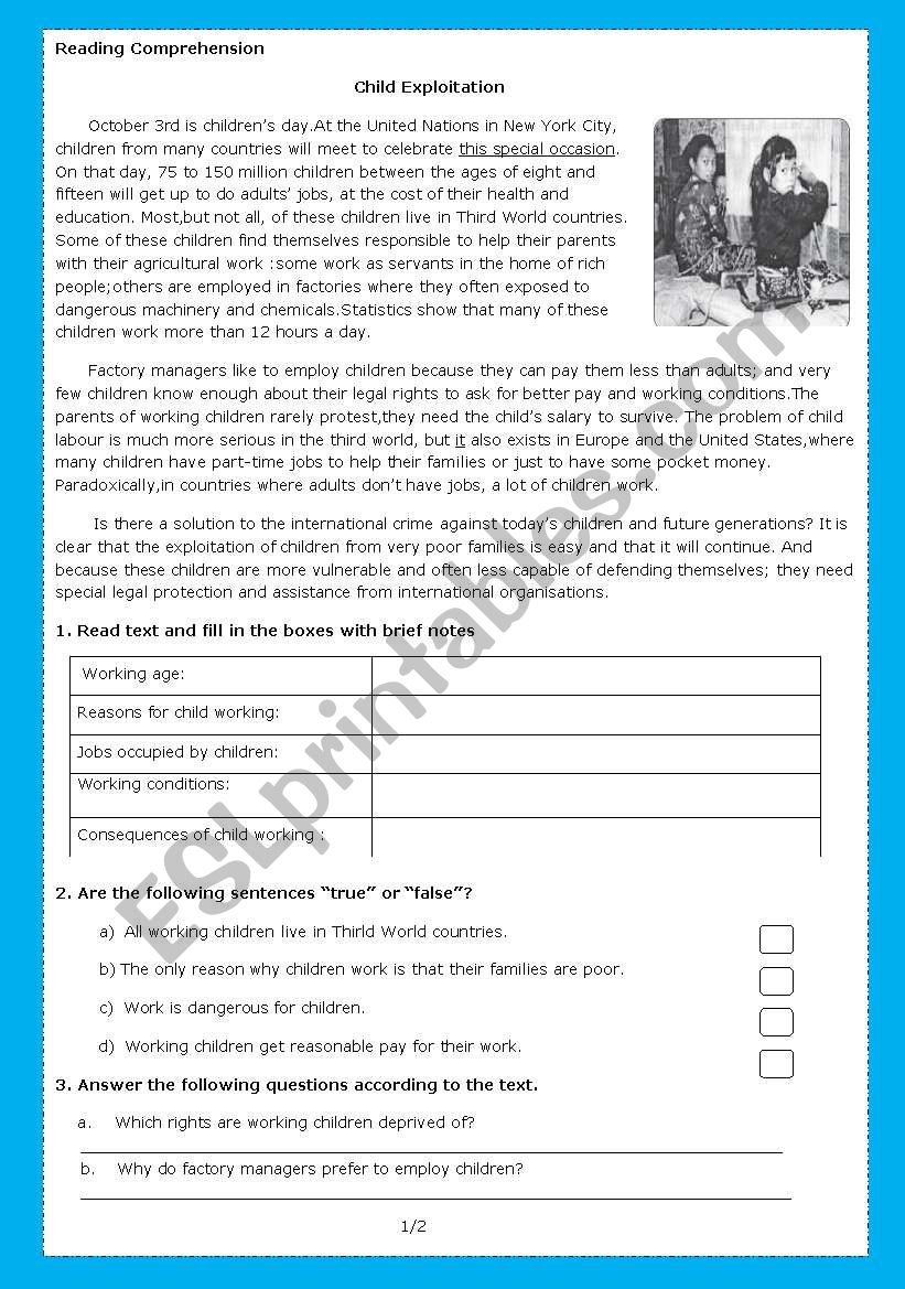 Child Exploitation worksheet