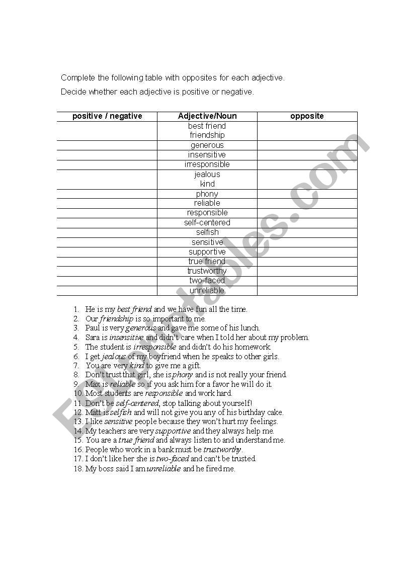 Adjectives for Friends worksheet