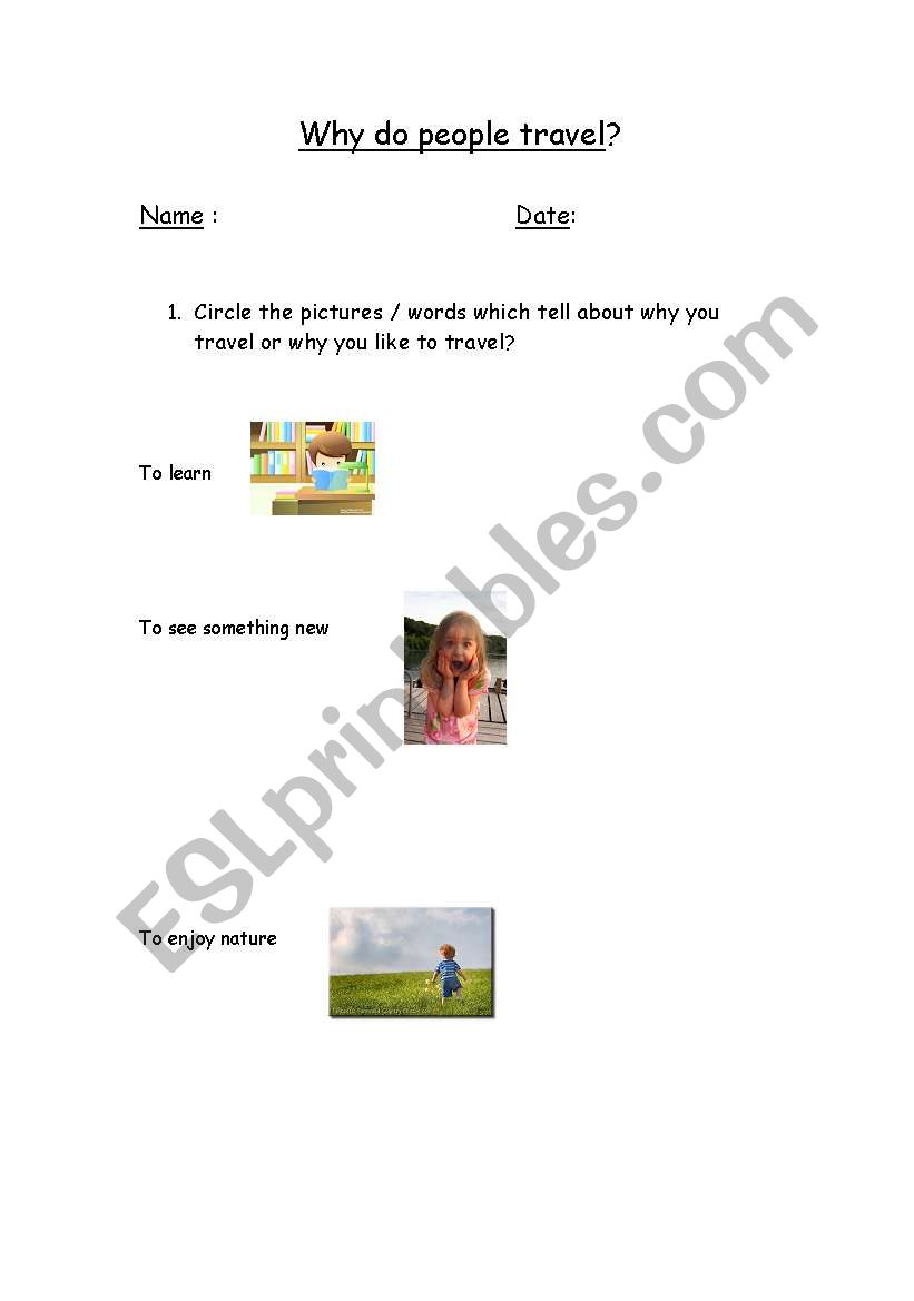 Why do people travel? worksheet