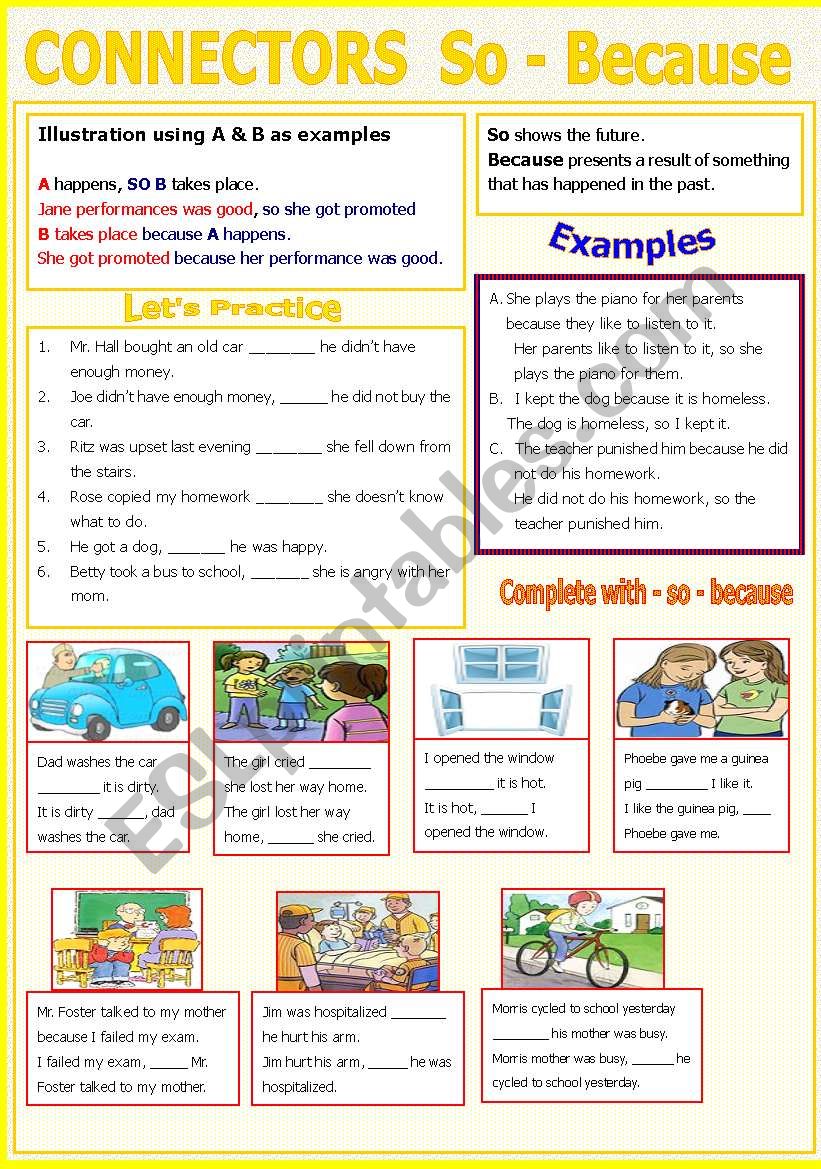 CONNECTORS - So - Because worksheet