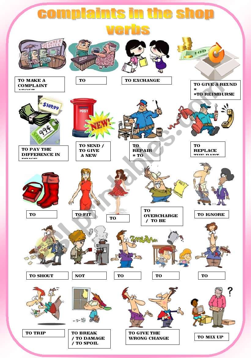 COMPLAINTS IN THE SHOP - verbs - pictionary