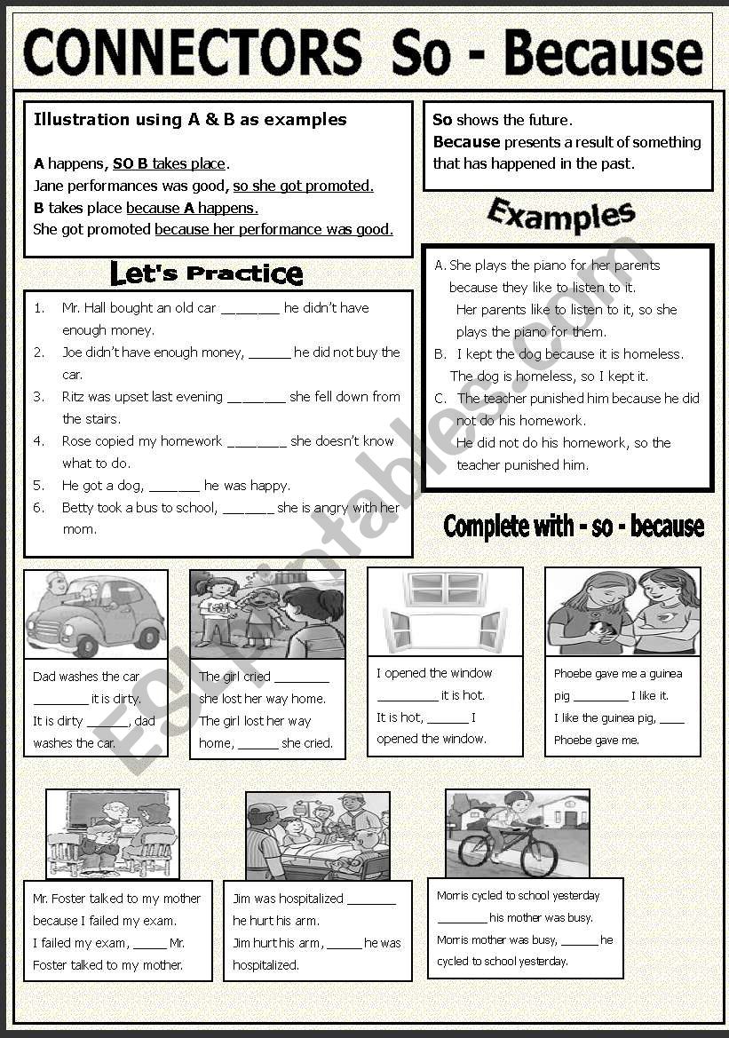 CONNECTORS - So - Because worksheet