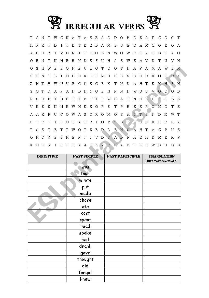 IRREGULAR VERBS WORDSEARCH worksheet