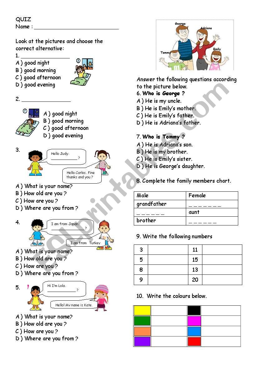 Quiz for 4th grade pupils worksheet