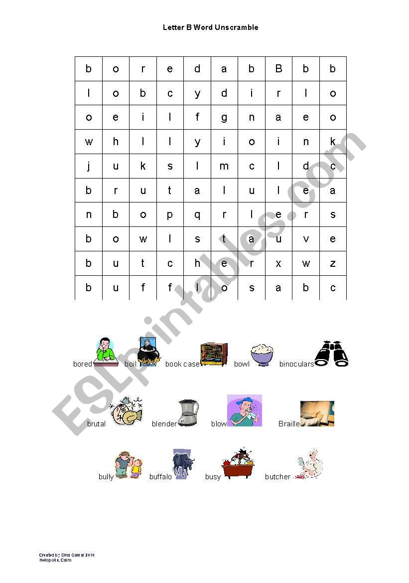 letter B wordsearch worksheet