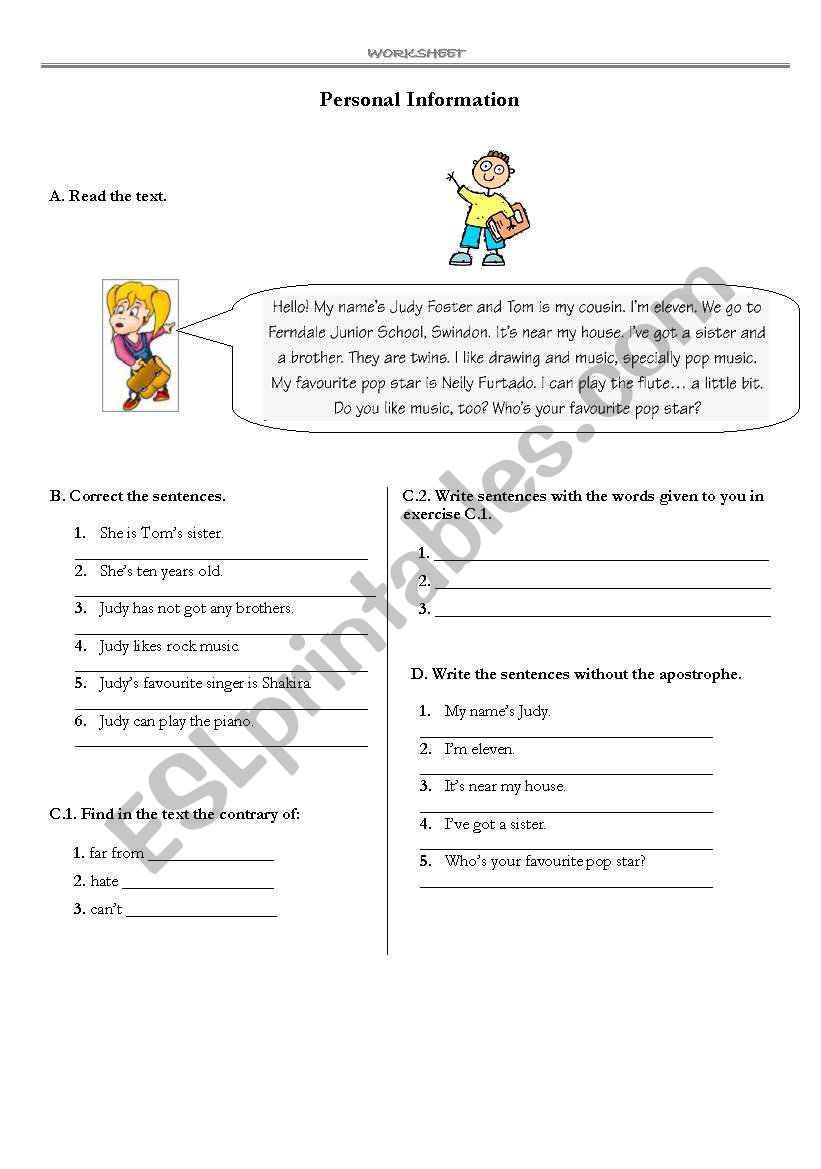 Personal Information worksheet