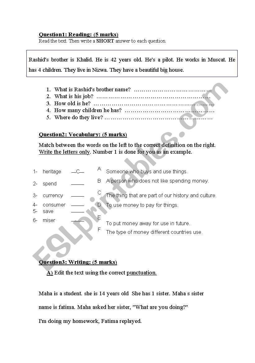 final test grade 9 worksheet