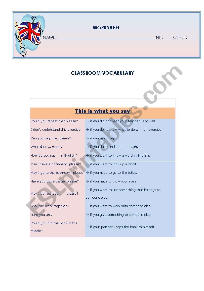 Classroom vocabulary worksheet