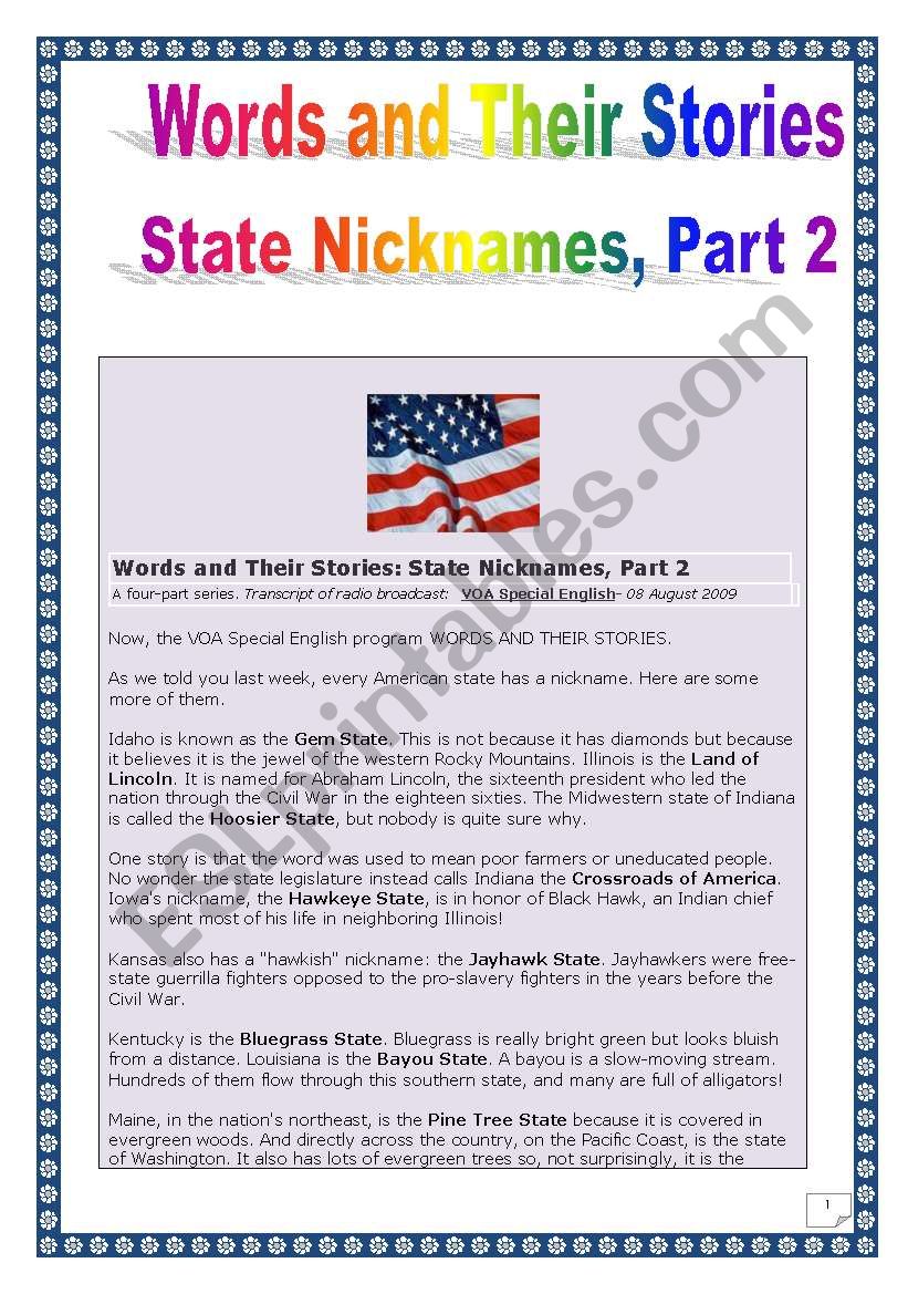 The USA- Words & their stories series - STATE NICKNAMES # 2 (Comprehensive PROJECT, 6 tasks, 9 pages, includes MP3 link & KEY)