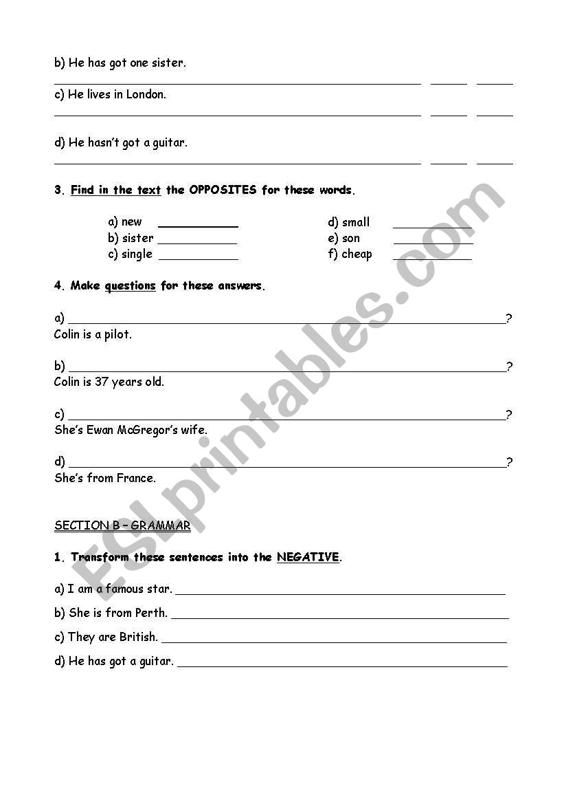 Reading Comprehension and Grammar Worksheet