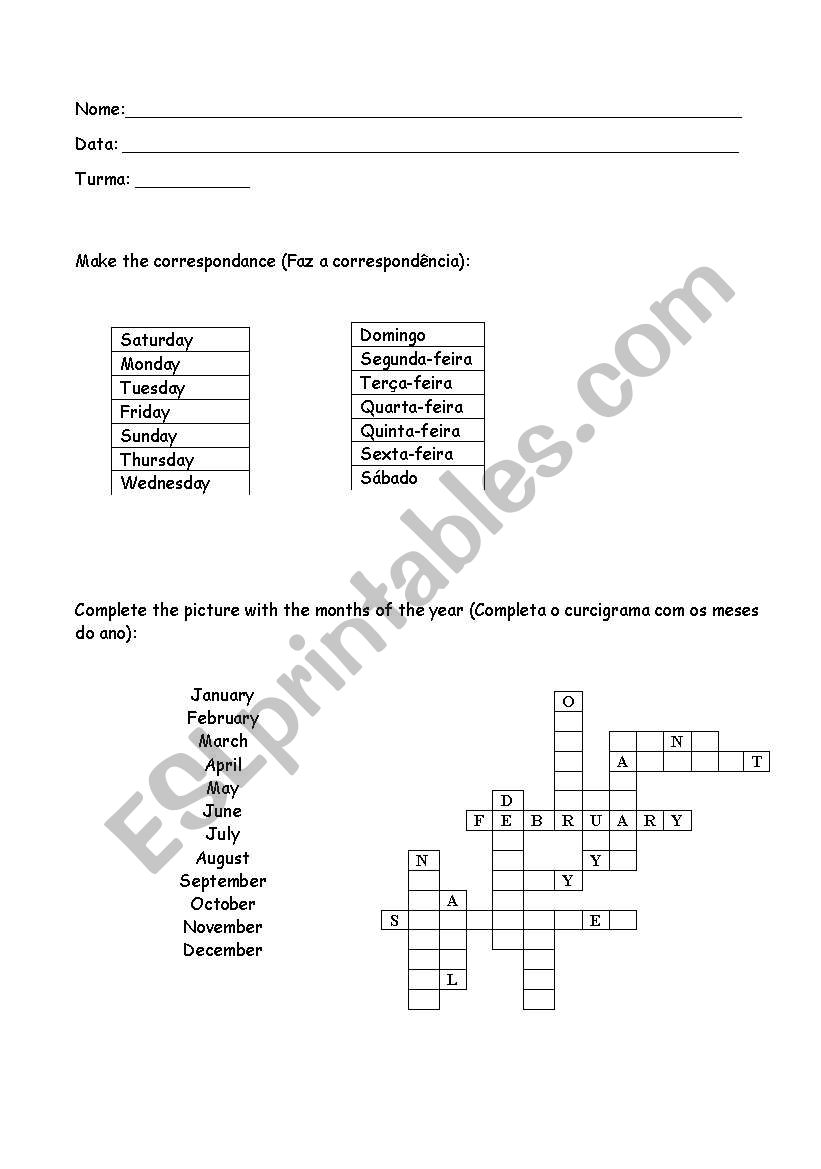 Days of The Week and Months worksheet