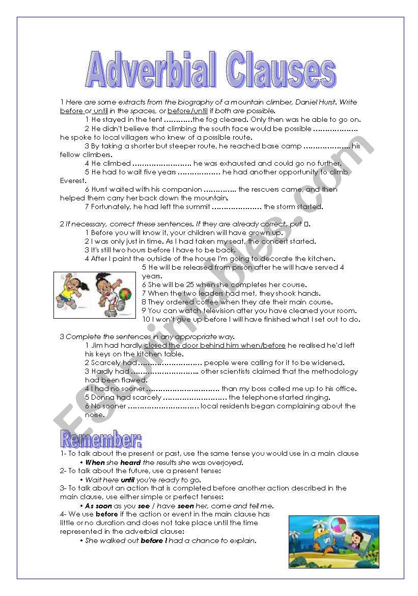 Adverbial Clauses 3 Pages ESL Worksheet By Marsala