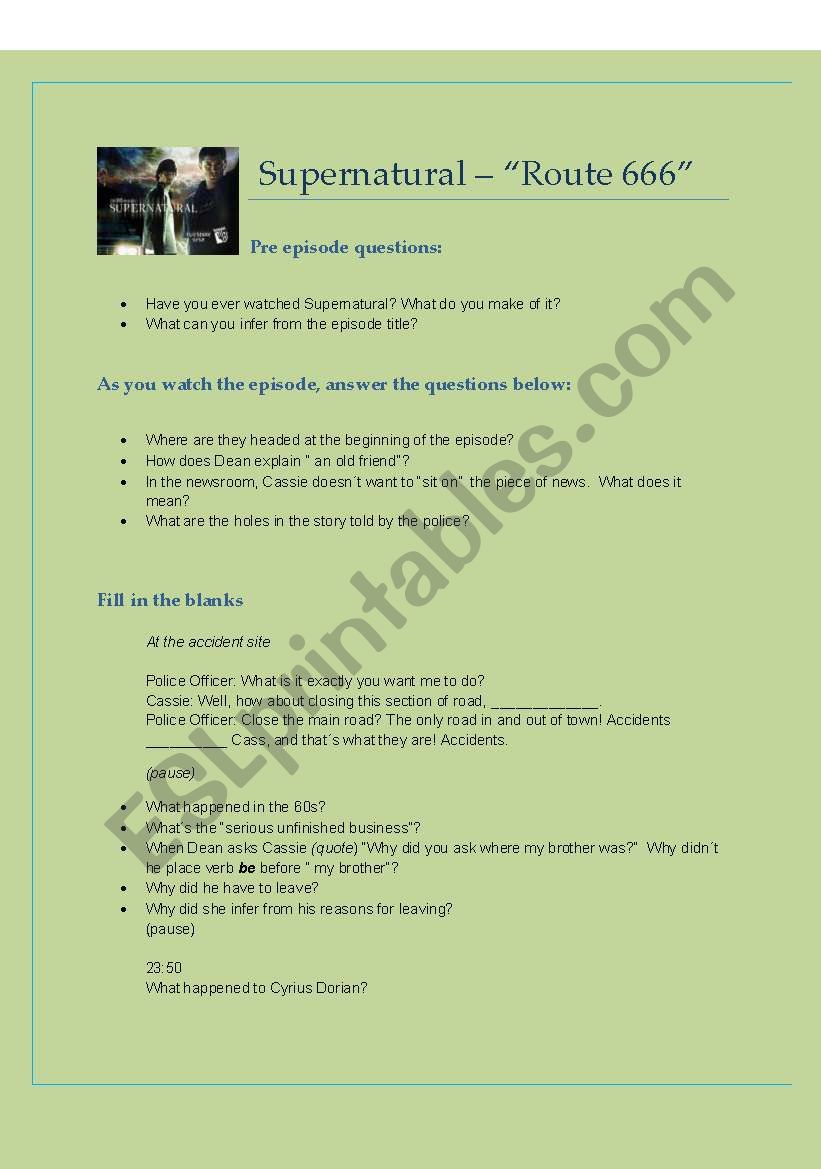 The Supernatural worksheet