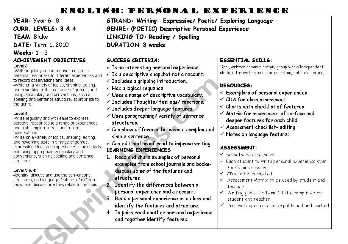 Personal Experience worksheet