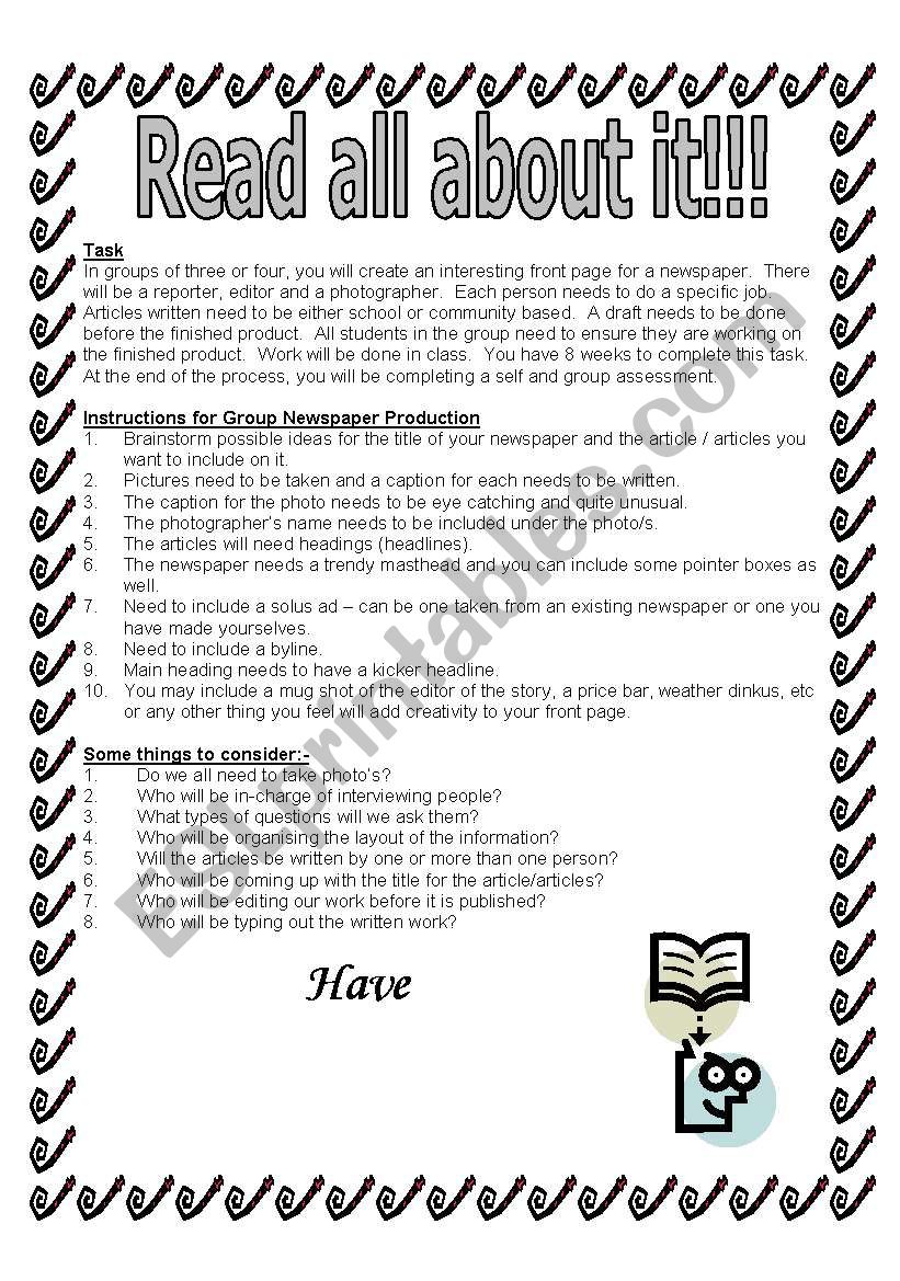 Newspaper design ideas worksheet