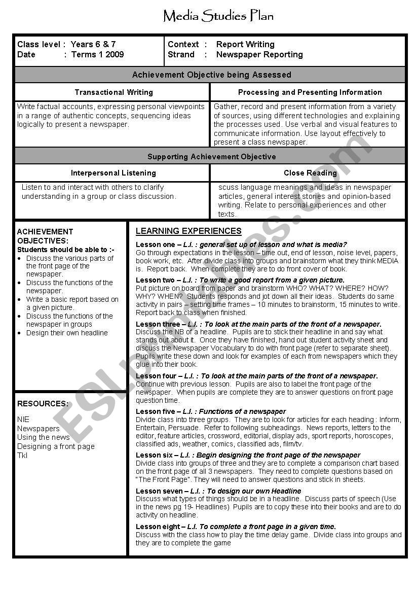 Media Studies plan worksheet