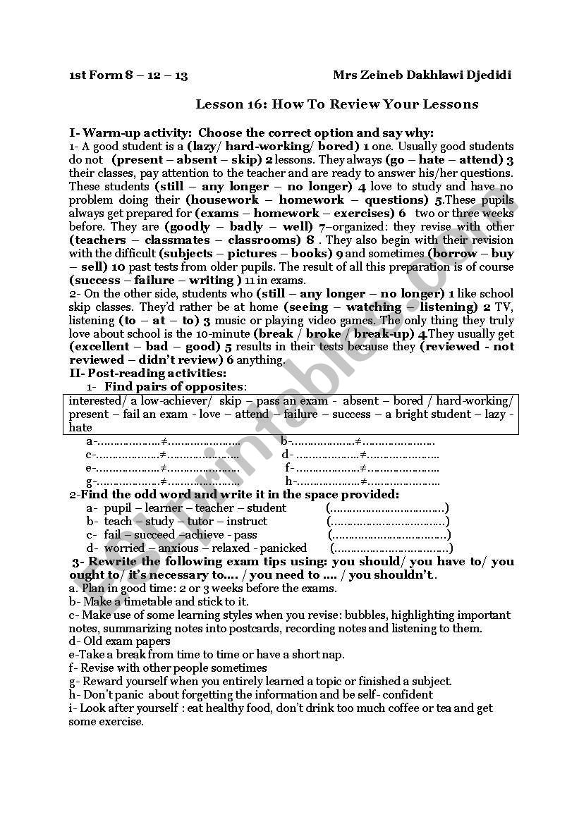 lesson 16 1st form  how to review your exams : tips