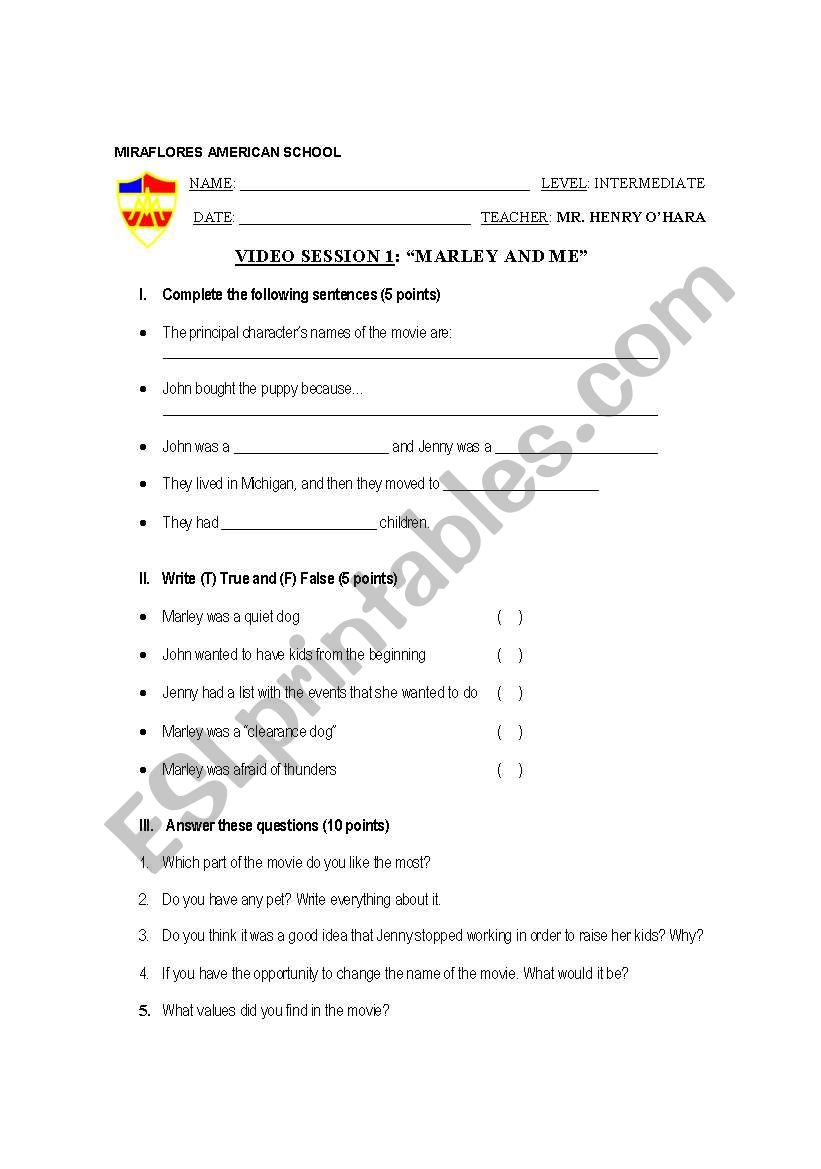 Movie: Marley and Me worksheet