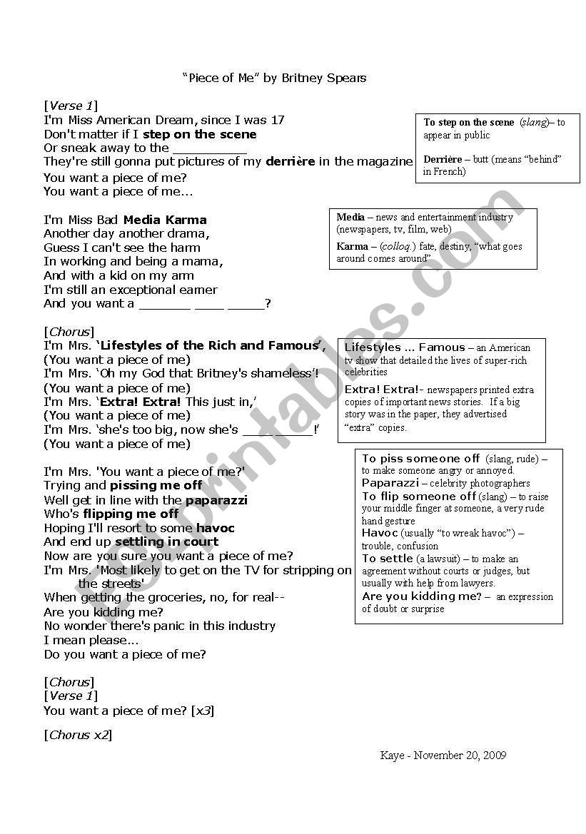 Piece of Me Lyric Worksheet worksheet