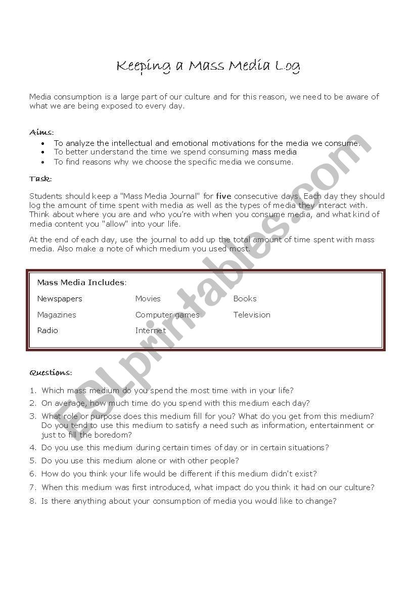 Keeping a Mass Media Log worksheet