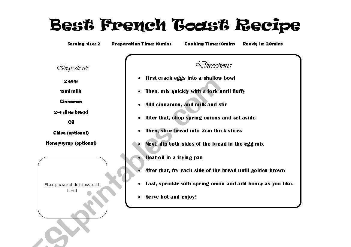 French Toast Recipie worksheet
