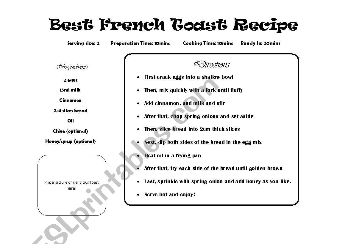 French Toast Recipie worksheet