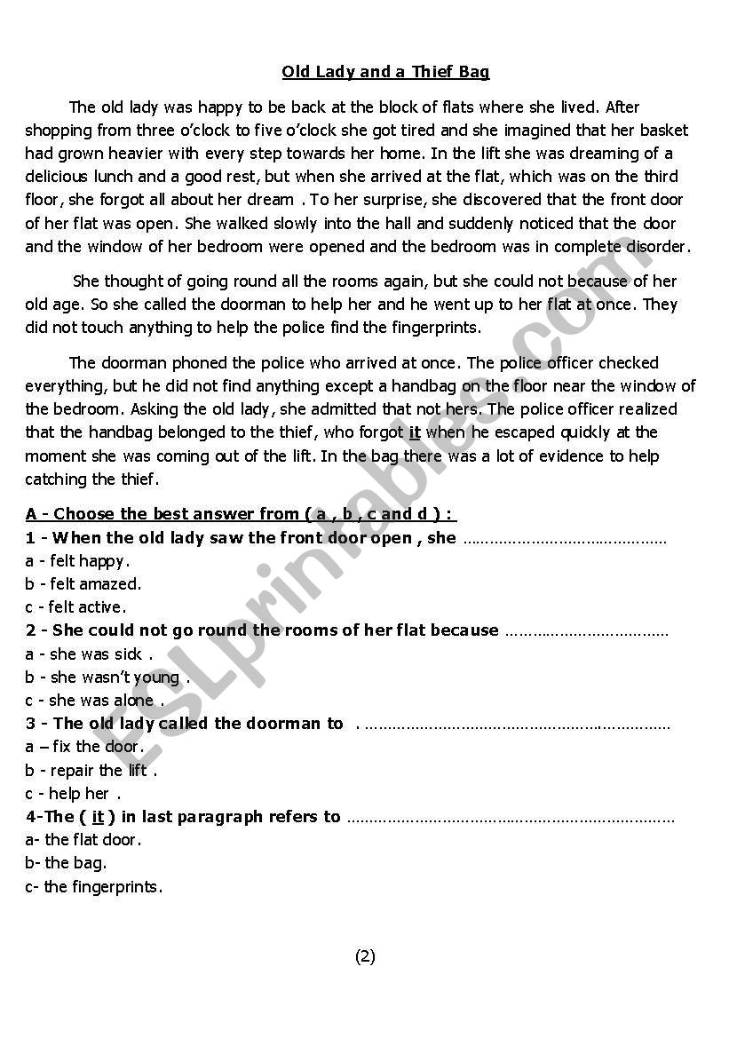 Old Lady/ Short story worksheet