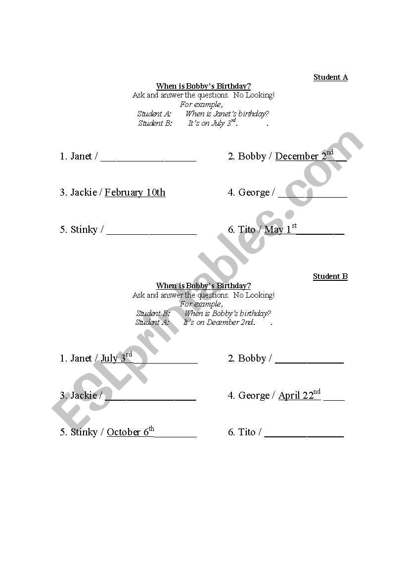 When is Bobbys Birthday worksheet