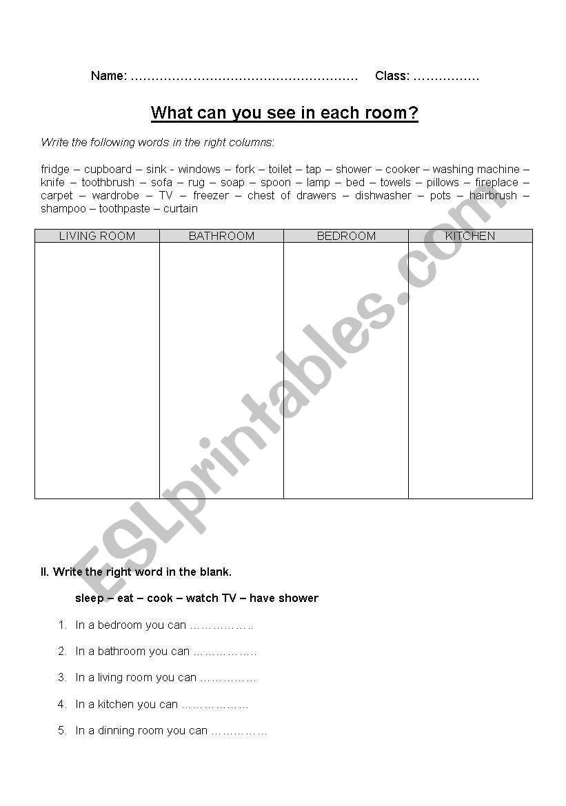 Rooms & Objects worksheet