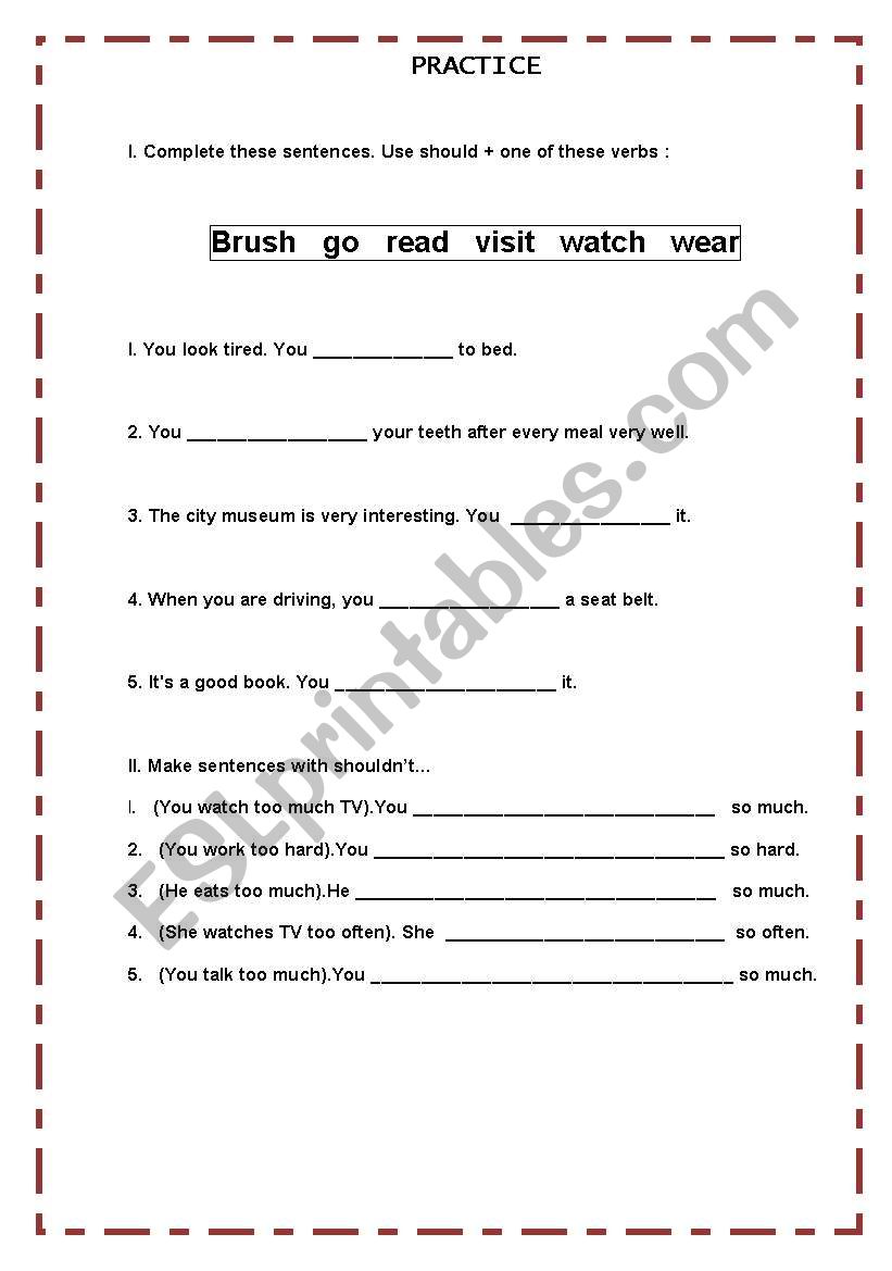 SHOULD OR SHOULDNT worksheet