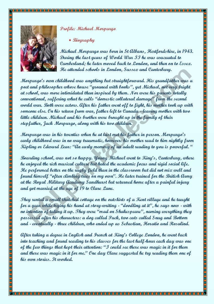 Michael Morpurgo´s Biography + 2 Comprehension Exercises - Michael Morpurgo´s Biography + 2 Comprehension Exercises