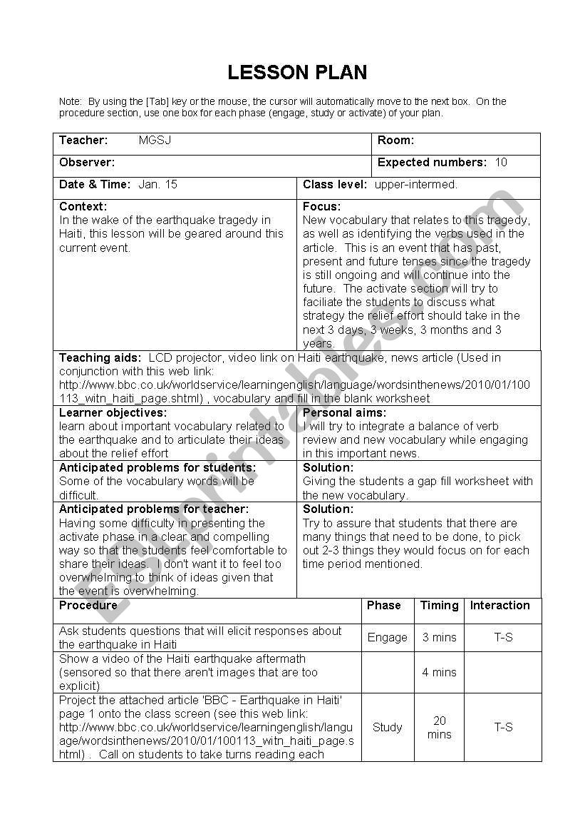 Earthquake in Haiti worksheet