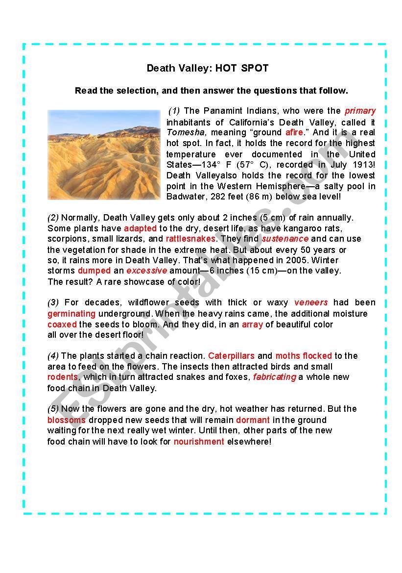 Death Valley: Hot Spot worksheet