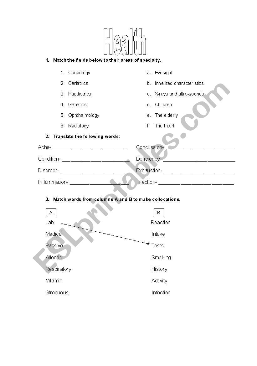 health problems worksheet