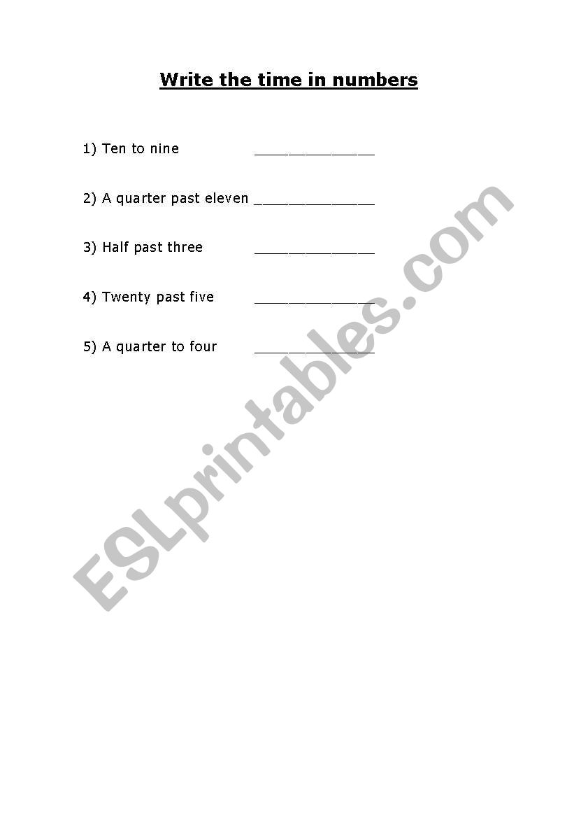 Write the time in numbers worksheet
