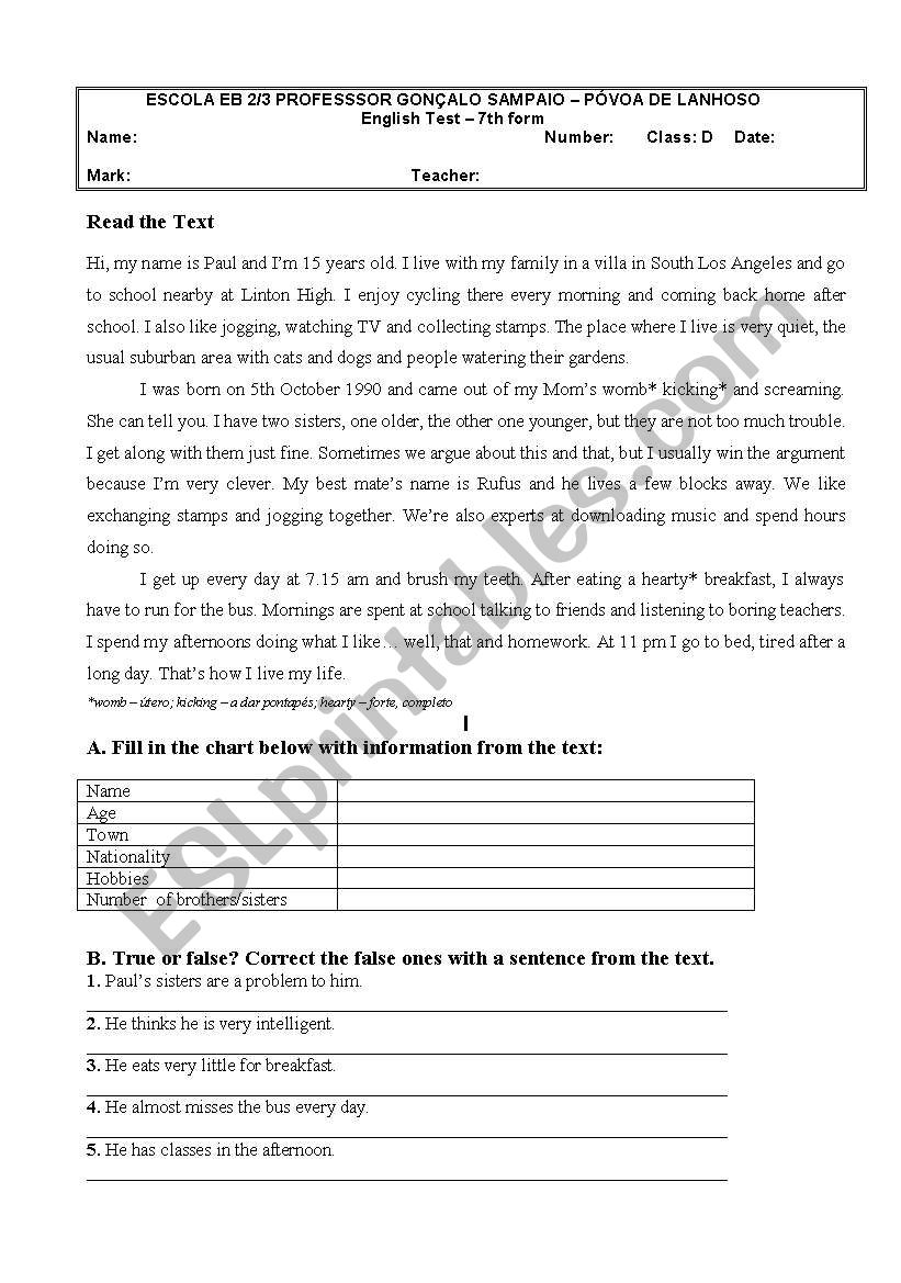 7th form test worksheet